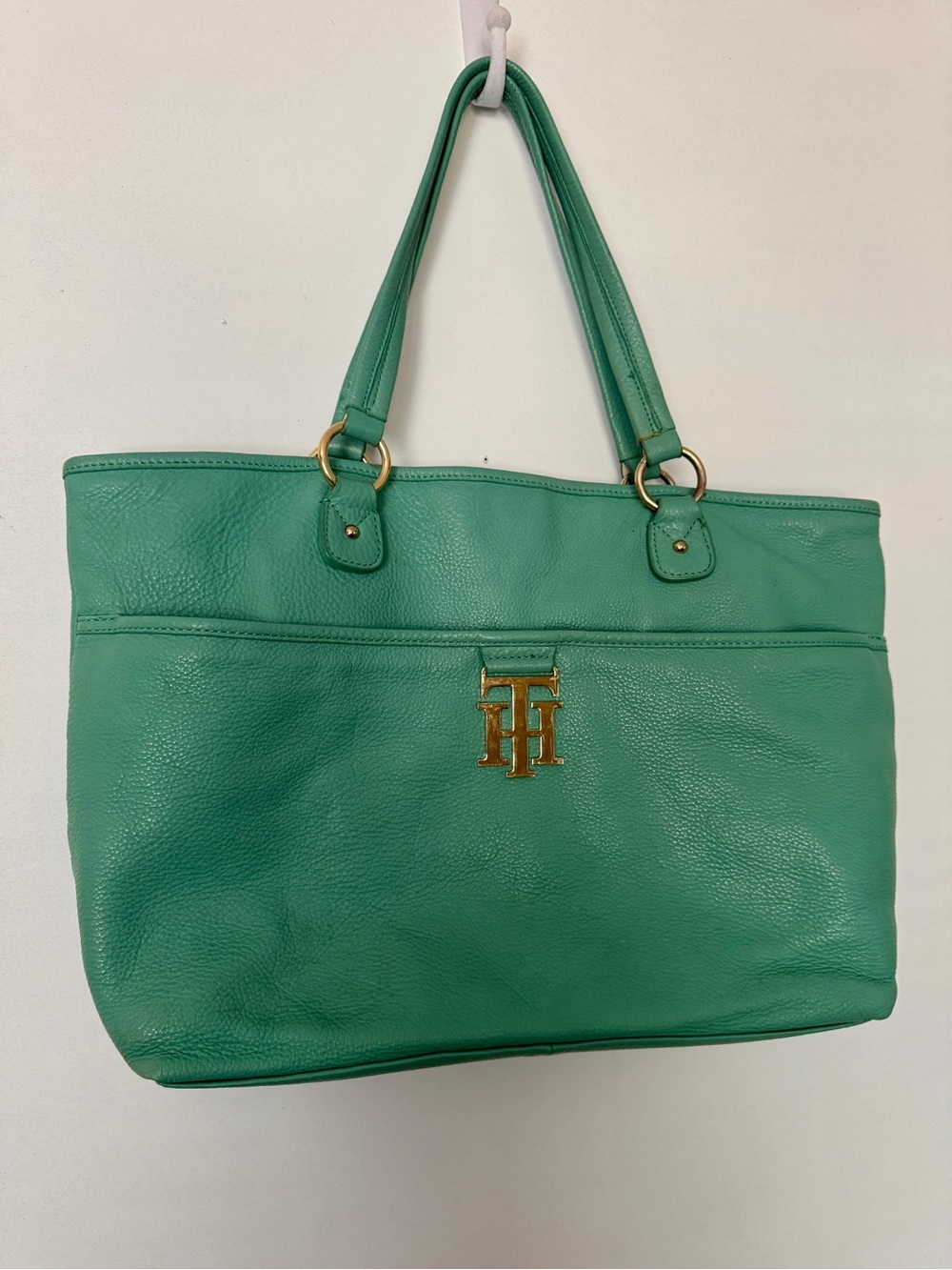 Vintage Tommy Hilfiger Soft Pebbled Leather Mint Green Tote Gold Bag Large
